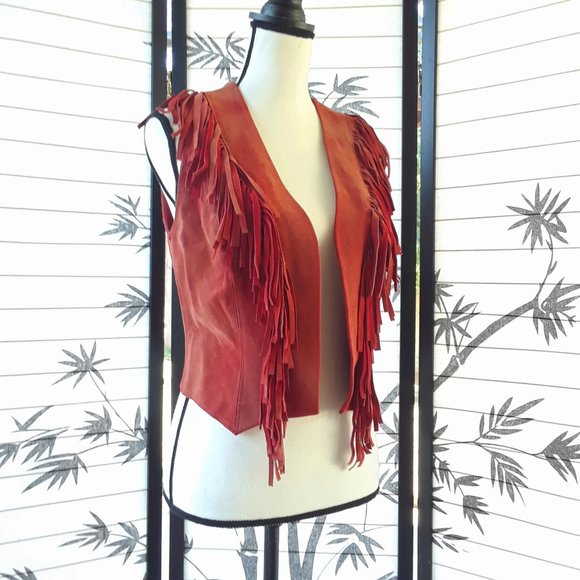 RARE Vintage 1970s Red Sun Faded Suede Fringe Vest Jacket - Picture 3 of 16